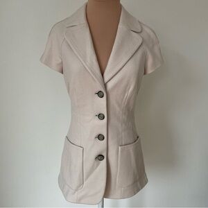 Rena Lange 100% Wool Short Sleeve Fitted Button Front Cream Long Blazer Jacket 4